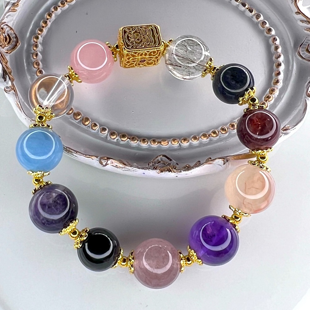 Handmade Genuine Gemstone 💎 Multicolor Quartz Stretch Bracelet Big Beads 12mm